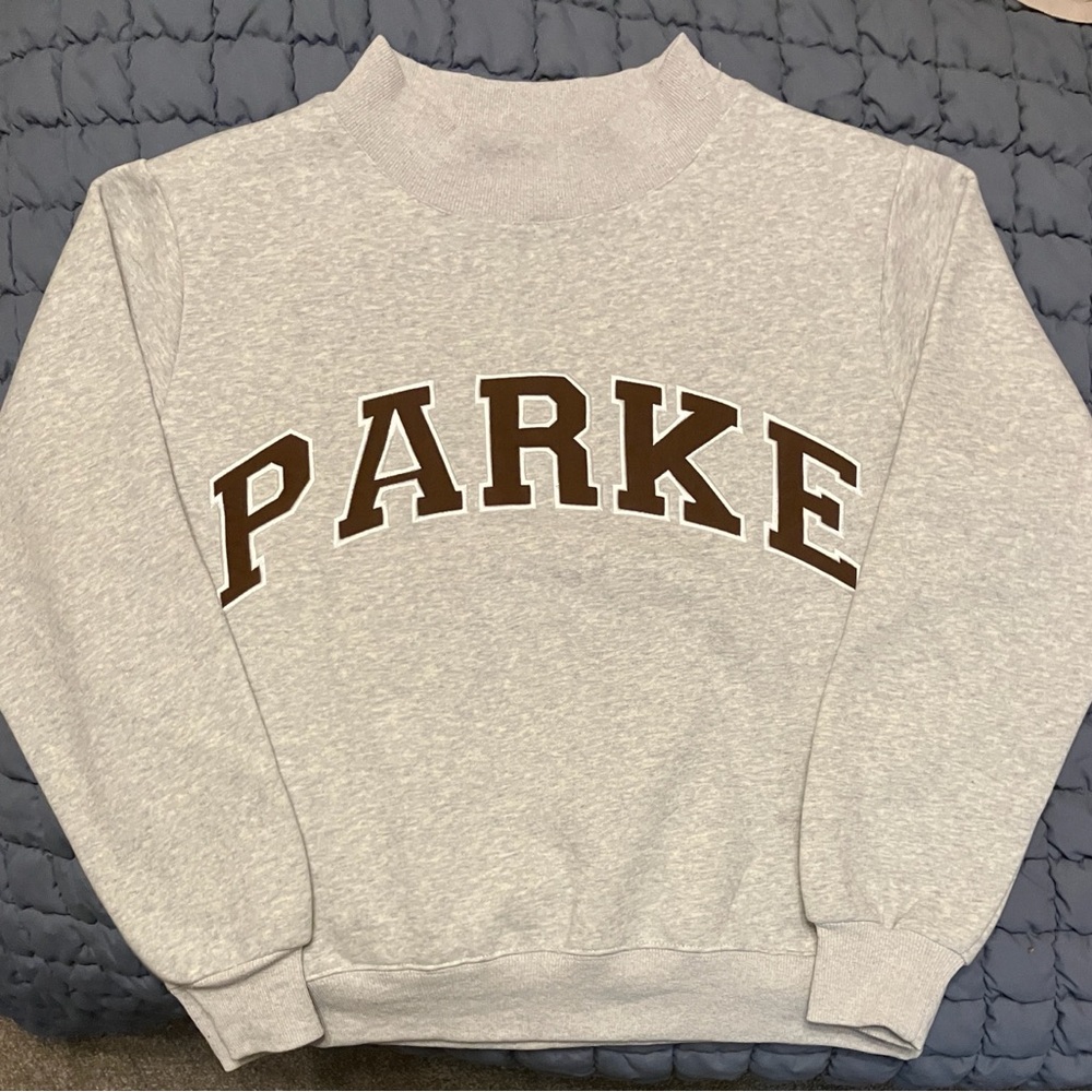 PARKE Gray mock neck FLEECE Sweatshirt with brown Varsity lettering